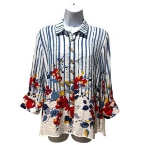 Multiples PM Petite Medium High-Low Textured Stripe Floral Top Lightweight